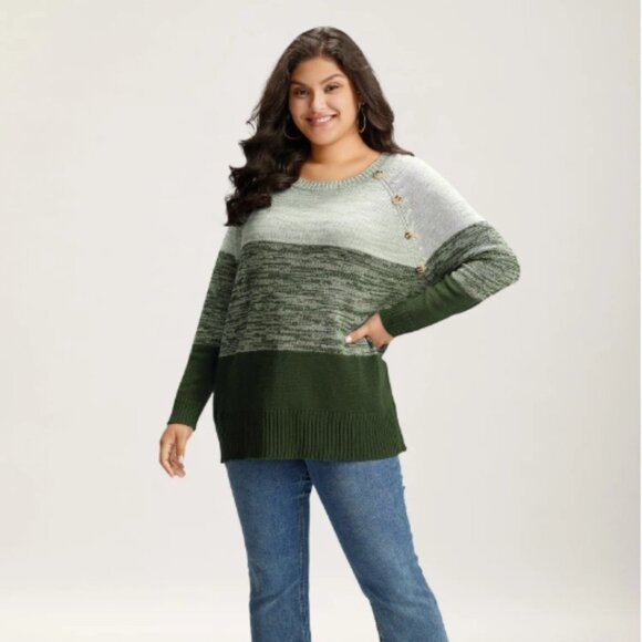 BloomChic Plus Size XL Colorblock Contrast Heather Button Detail Pullover - Picture 3 of 5